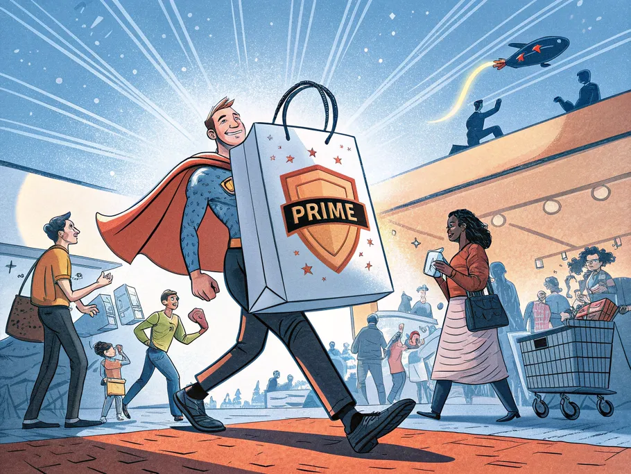 A comic-book inspired illustration of a product package with a glowing Prime badge striding confidently through a marketplace.