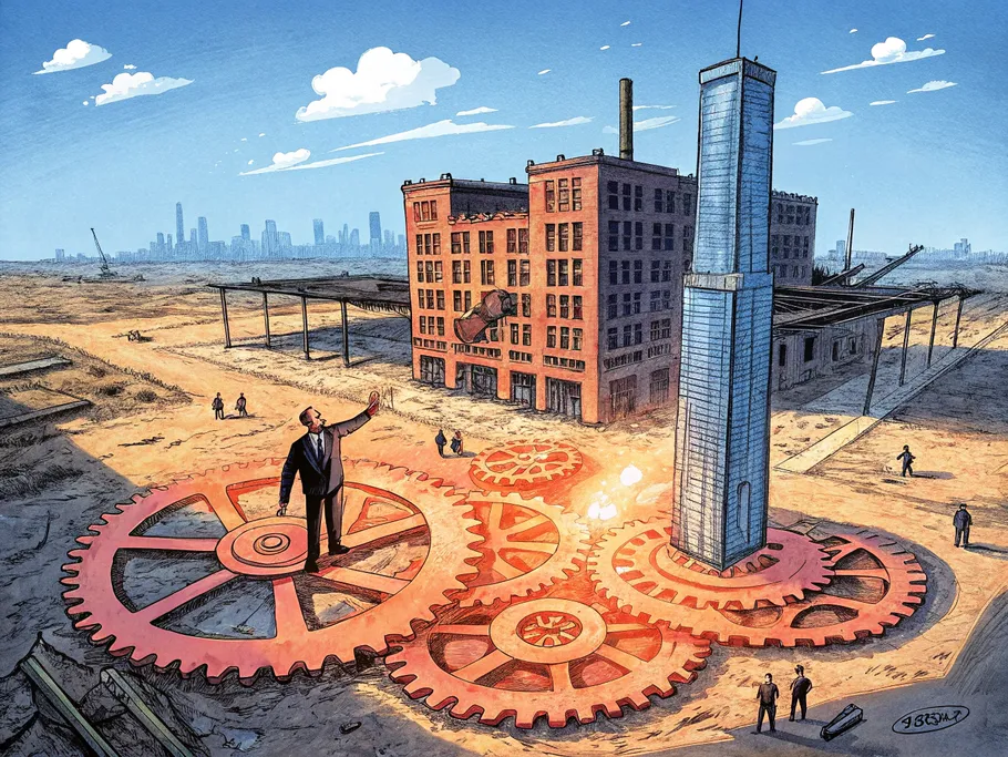 A modern skyscraper rising from an intricate foundation of gears, symbolizing brand trust and operational excellence.