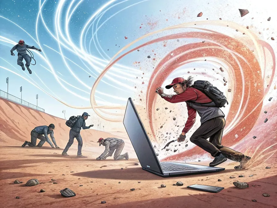 High-performance laptop at the center of a vibrant vortex symbolizing creative flow and efficiency.