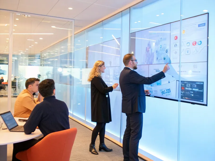 A futuristic conference room with holographic screens displaying a collaborative presentation.