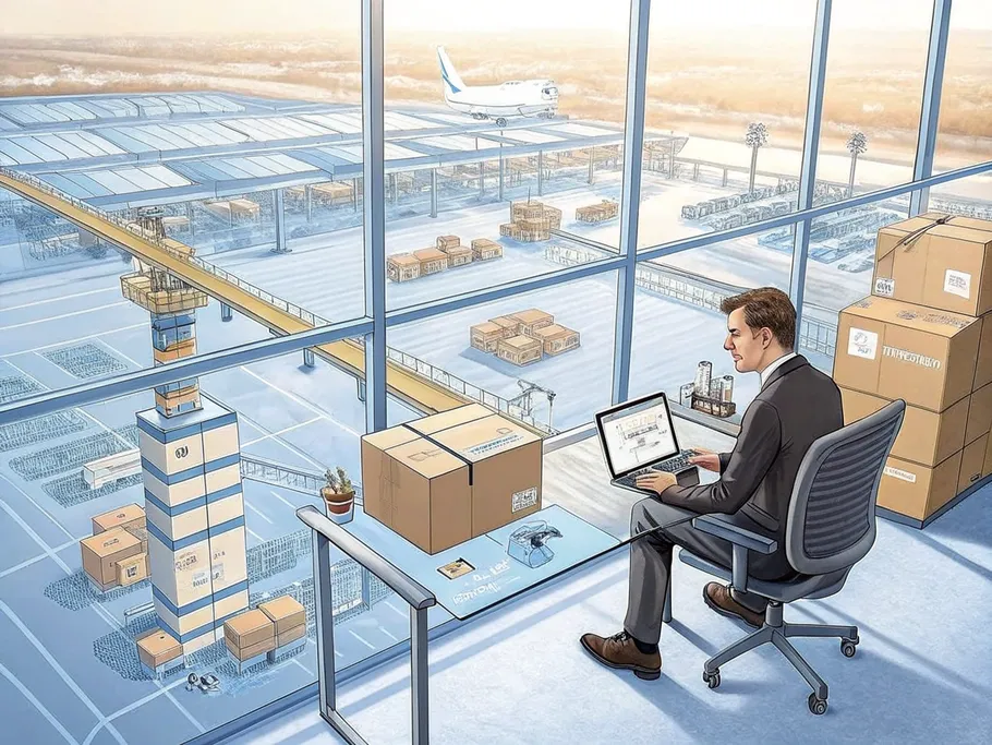 A modern entrepreneur examining sales graphs at a glass desk overlooking an Amazon fulfillment center.