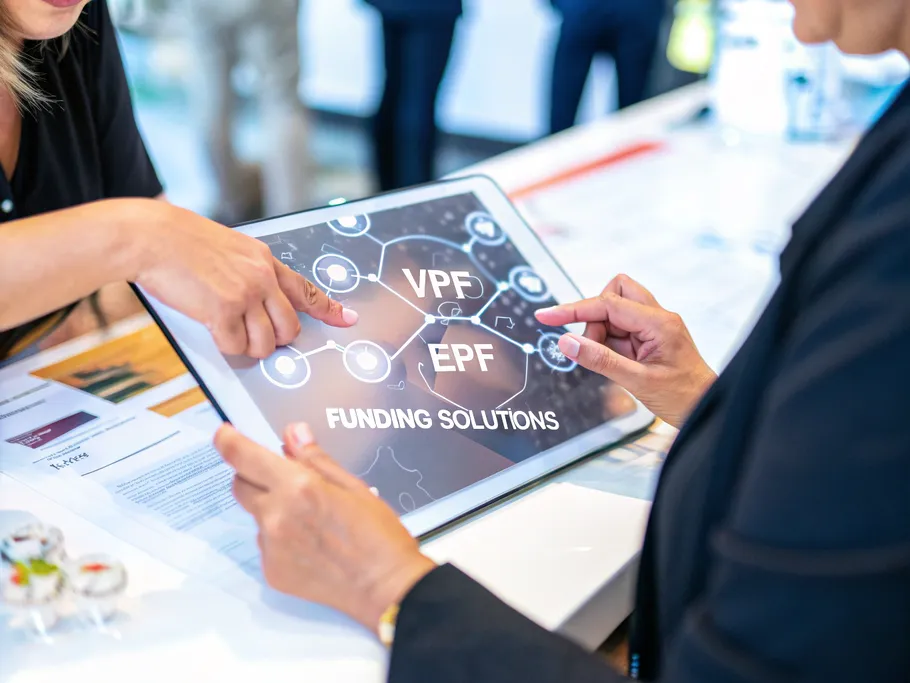 Close-up of hands interacting with a holographic tablet displaying funding solutions and investment vehicles.