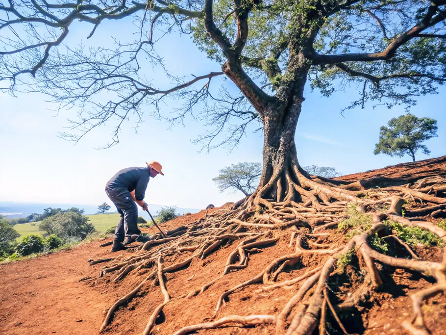 Close-up of intricate tree roots embedded in rich soil, symbolizing brand trust and operational excellence.