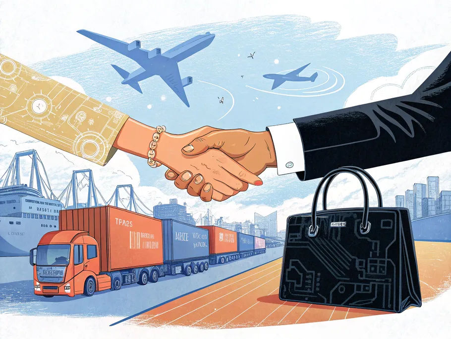 Two arms shaking hands, symbolizing a strategic partnership in sustainable luxury fashion.