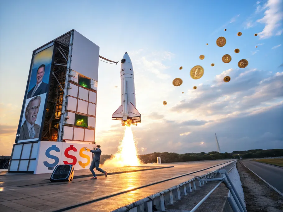 A sleek, modern rocket ship launching from a minimalist launchpad, propelled by streams of glowing golden coins and colorful product boxes.