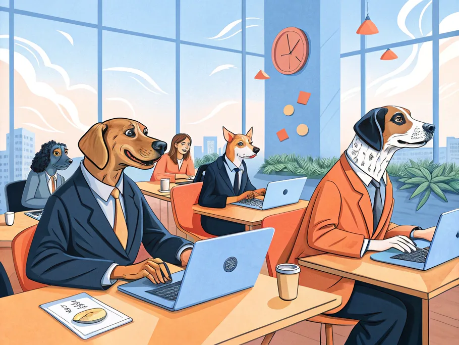 A group of dogs in business attire working in a modern coworking office, using laptops and collaborating.