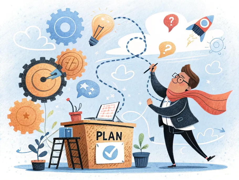 A determined single entrepreneur standing at a desk with marketing elements represented as gears and lightbulbs, symbolizing solo success.