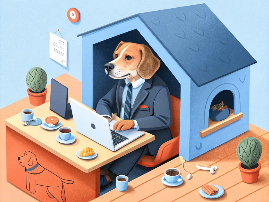 A whimsical illustration of a dog in a business suit working at a miniature desk in a dog-sized co-working space.