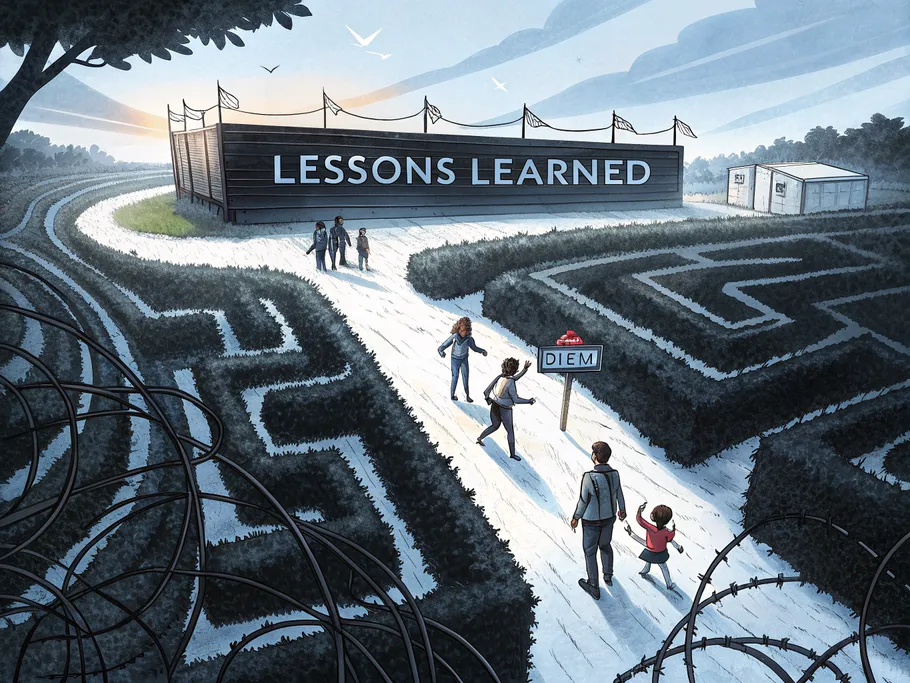 Stylized figures of fintech innovators navigating a winding pathway through a thorny maze, with a glowing sign reading 'LESSONS LEARNED' at the end.