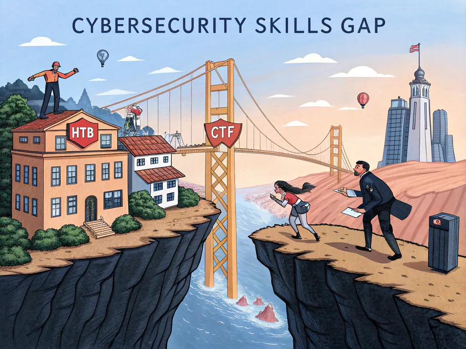 A metaphorical illustration of a canyon labeled 'CYBERSECURITY SKILLS GAP', with HTB Academy on one side and corporate towers on the other, connected by a golden bridge made of puzzle pieces.