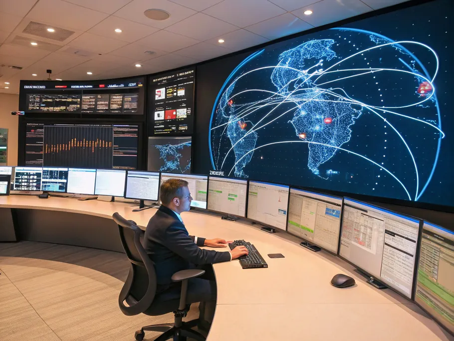 A futuristic mission control room depicting a content strategist analyzing real-time content marketing analytics.