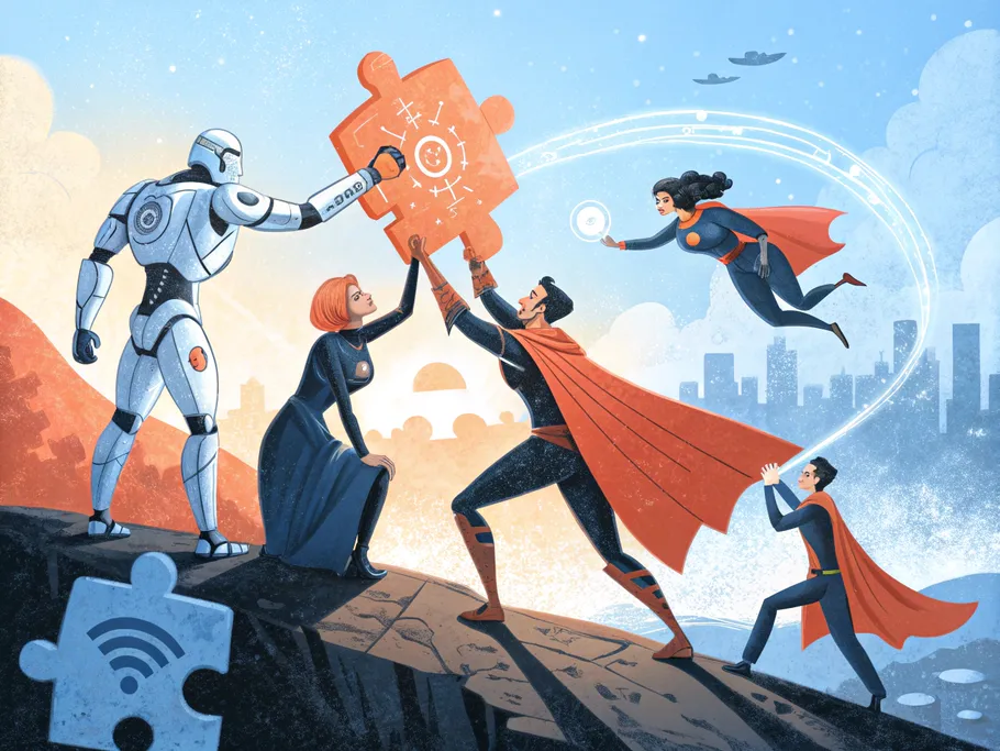 An abstract illustration of a robotic AI figure and tech superheroes assembling a team on a futuristic landscape.