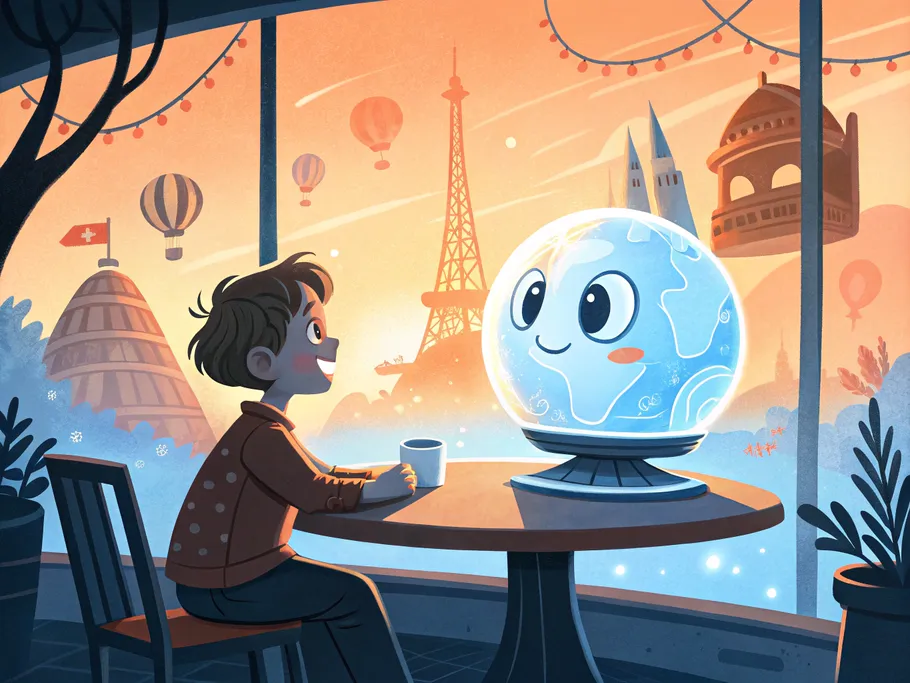 A whimsical illustration of a young traveler having a conversation with a glowing AI globe at a futuristic café.