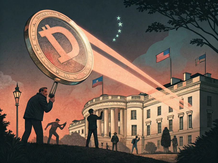 A futuristic digital currency symbol under scrutiny by laser beams and a magnifying glass.