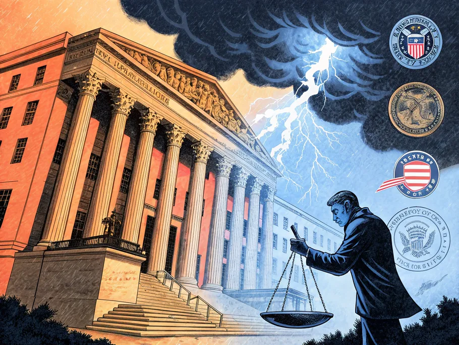 A towering courthouse building surrounded by dark storm clouds, symbolizing regulatory challenges in fintech.