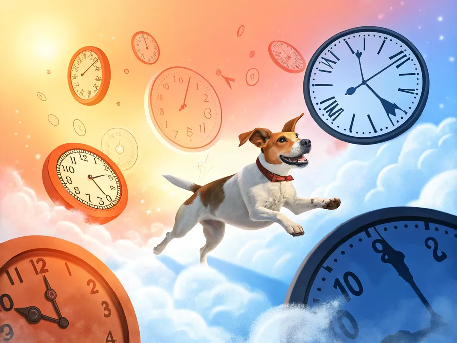 A joyful dog leaping through oversized floating clock faces in a dreamy, pastel sky.