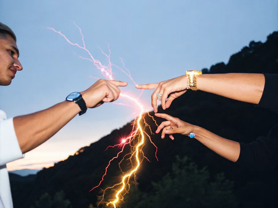 Two hands almost touching, representing a connection with energy waves flowing between them.