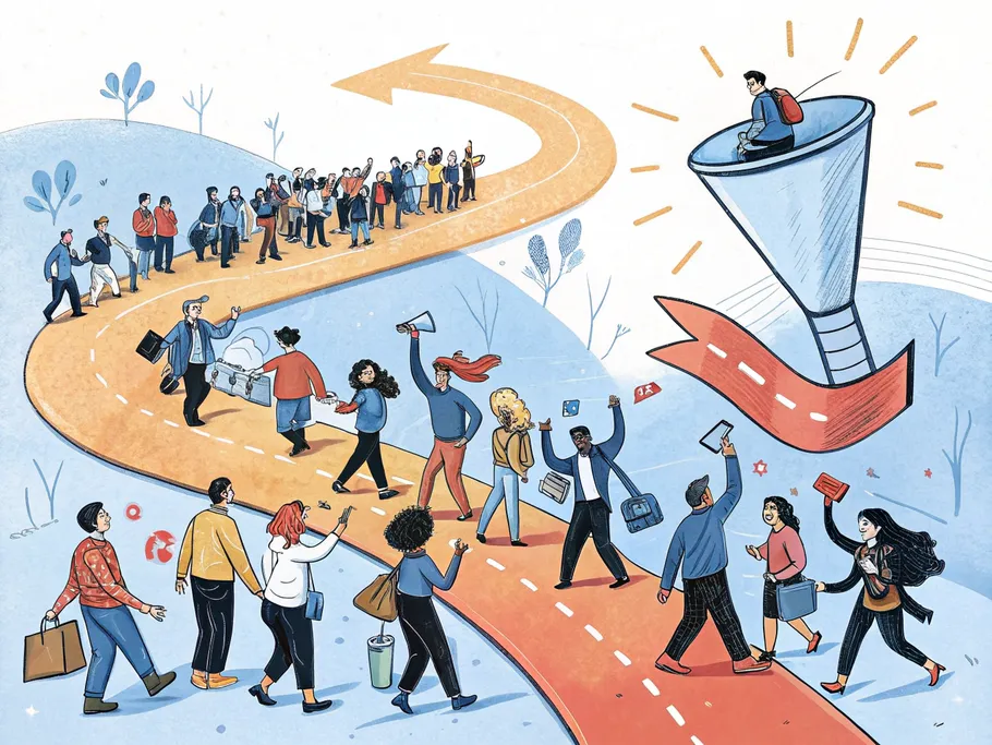 Illustrative depiction of a marketing journey showcasing a diverse crowd transforming into loyal customers along a funnel-shaped path.