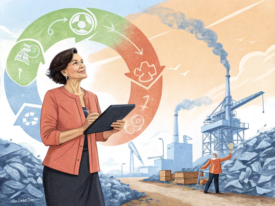A confident professional woman holds a tablet against a backdrop transitioning from industrial fashion waste to a green circular economy.