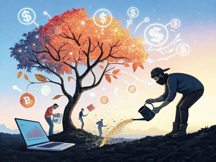 An illustration of a seed transforming into a vibrant tree with brand elements as leaves, symbolizing startup growth.