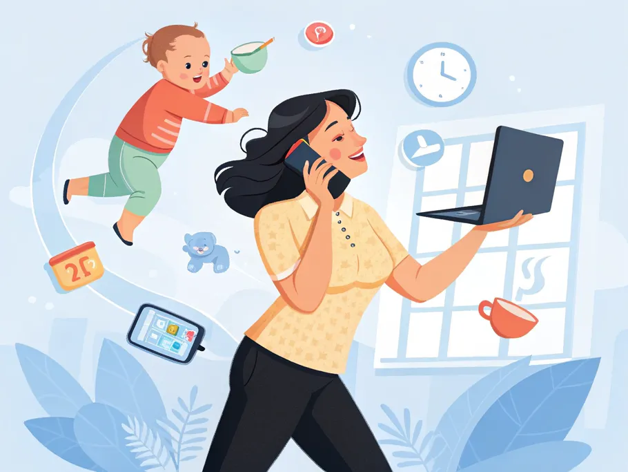 A humorous illustration of a busy mom multitasking with a laptop, baby, and phone, exploring local services on the West Tenth app.