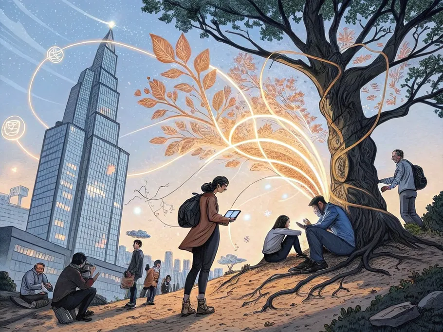 A vibrant depiction of a futuristic marketing landscape merging technology and sustainability, featuring a glowing tree and skyscraper.