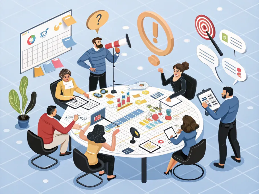 A vibrant isometric illustration of a diverse team of entrepreneurs collaborating in a modern workshop, surrounded by strategy elements for content marketing.