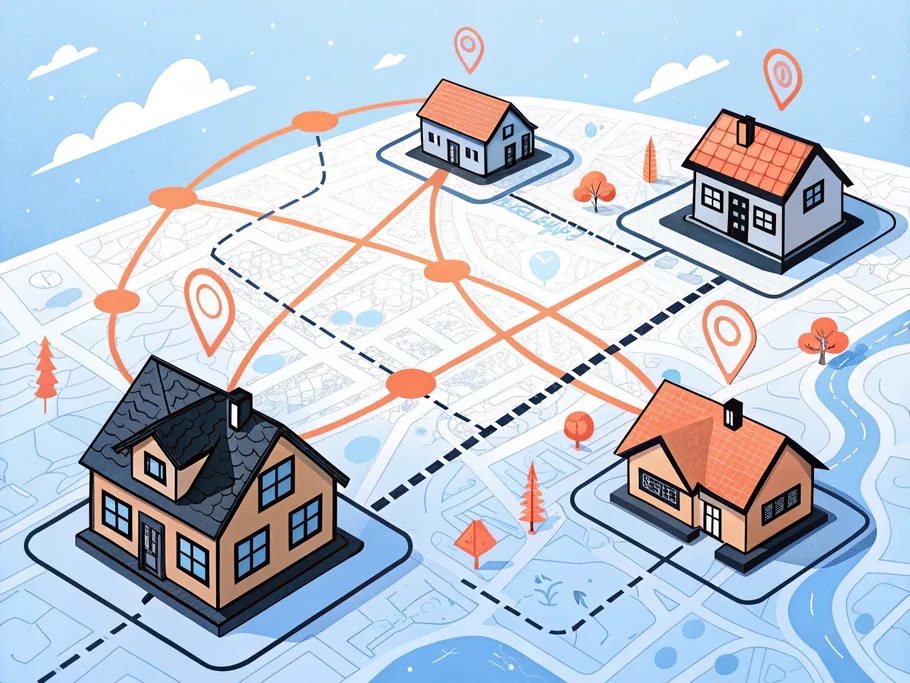 Abstract neighborhood map with house icons connected by glowing lines, symbolizing community connections.