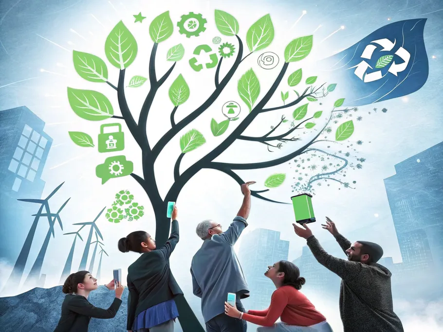 A futuristic digital tree with glowing green leaves symbolizing sustainable marketing, surrounded by diverse consumers engaging with it.
