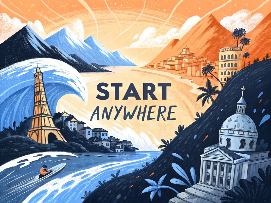 An abstract painting depicting vibrant colors and iconic travel destinations, symbolizing the concept of starting adventures anywhere.