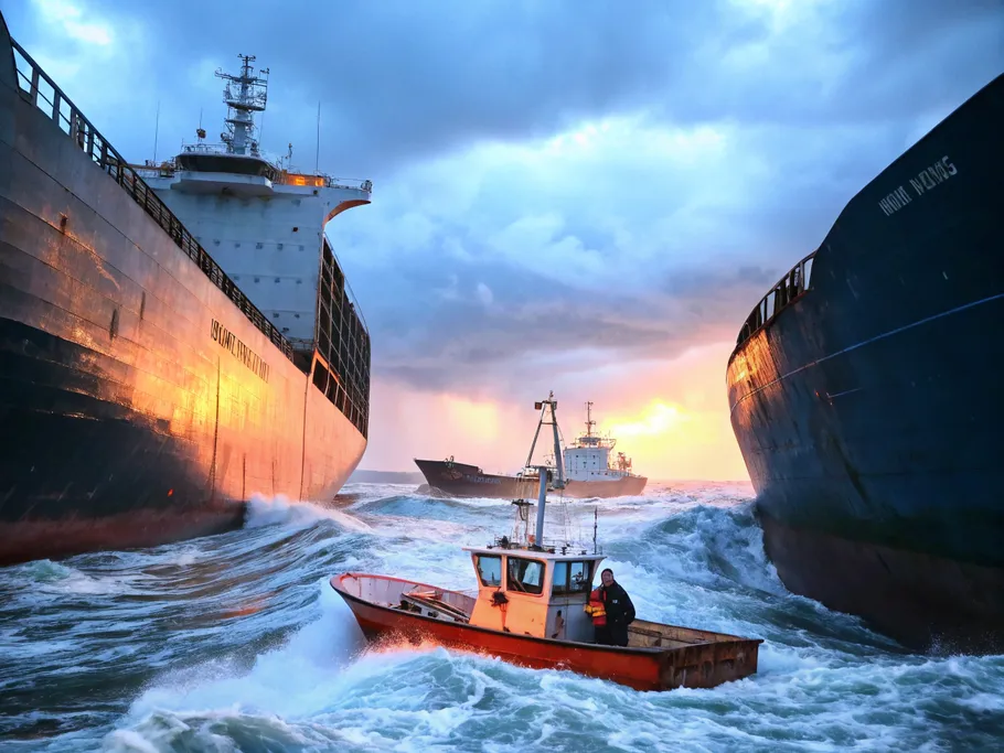 A small boat navigating rough seas, surrounded by towering ships, symbolizing the challenges faced by smaller companies in a competitive market.