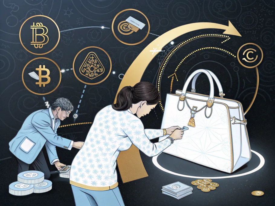 An illustration of a luxury handbag undergoing a transformation, symbolizing the circular economy in fashion.