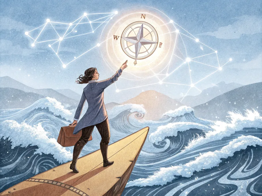 A confident solopreneur standing on a digital ocean, holding a glowing compass that points forward.