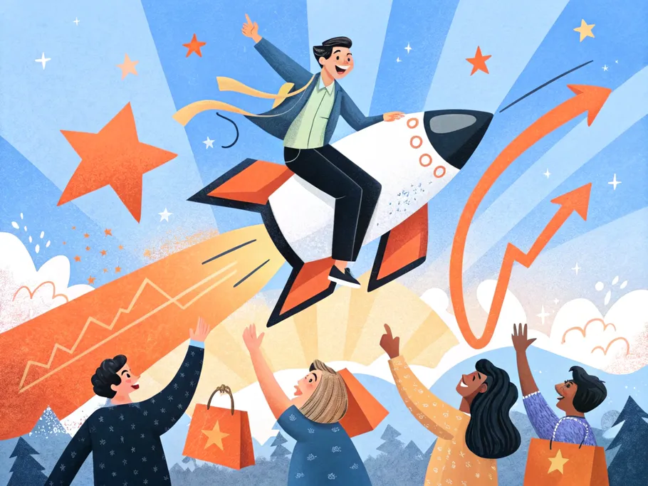 A joyful store owner riding a rocket made of sales graphs, surrounded by cheering customers with shopping bags.