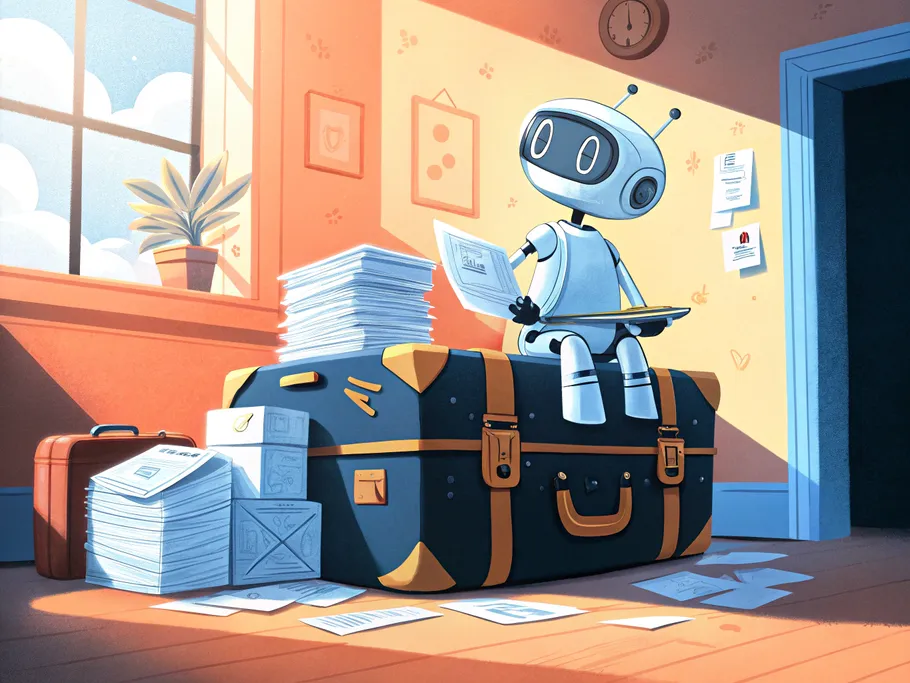 A tiny robot organizing a chaotic pile of travel documents atop a giant suitcase, symbolizing the efficiency of AI in managing travel plans.