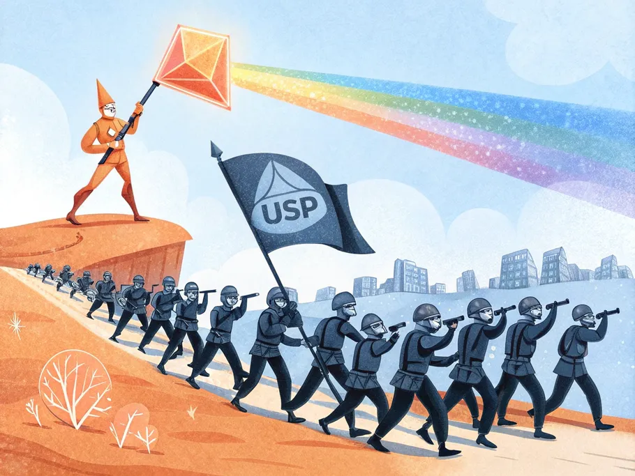 Stylized battlefield with geometric brand soldiers and a distinct figure representing unique brand identity.