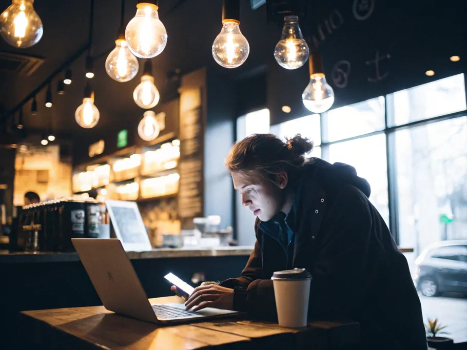 A person in a coffee shop intensely focused on their laptop, with warm light illuminating their face and lightbulbs floating around.