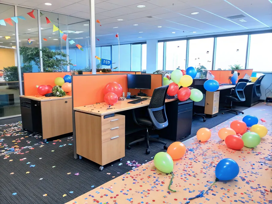 An office space filled with festive decorations like balloons, confetti, and colorful party items, devoid of employees.