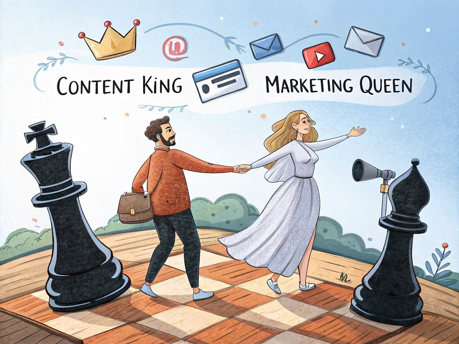 Illustration of Content King and Marketing Queen on a digital chessboard, symbolizing the partnership in content marketing.