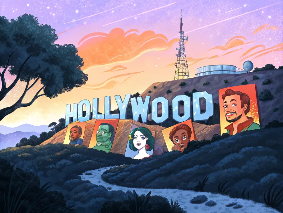 Surreal illustration of the Hollywood sign with diverse faces instead of traditional letters, under a vibrant purple sky.