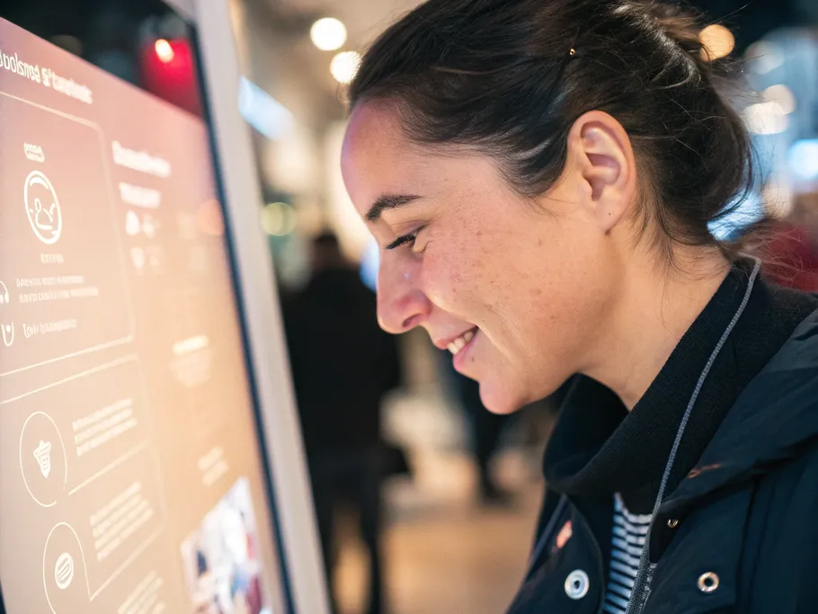 Close-up of a satisfied customer engaging with a holographic display offering personalized information.