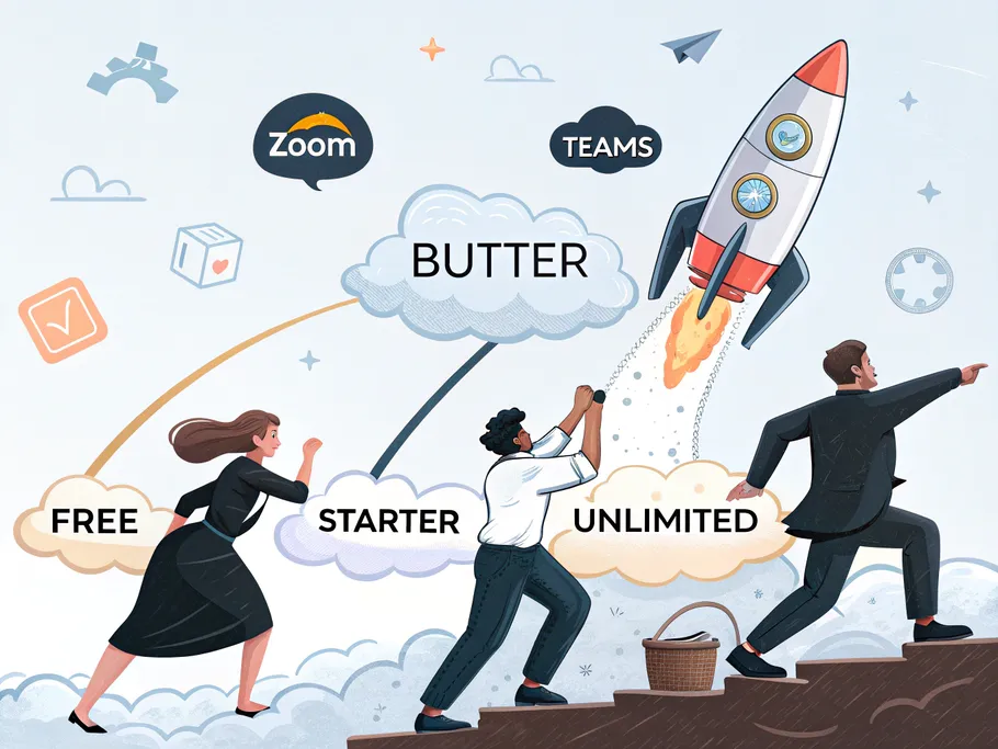 An infographic illustration of a rocket ship labeled 'Butter' launching through clouds representing different pricing tiers, surrounded by user icons symbolizing product-led growth.