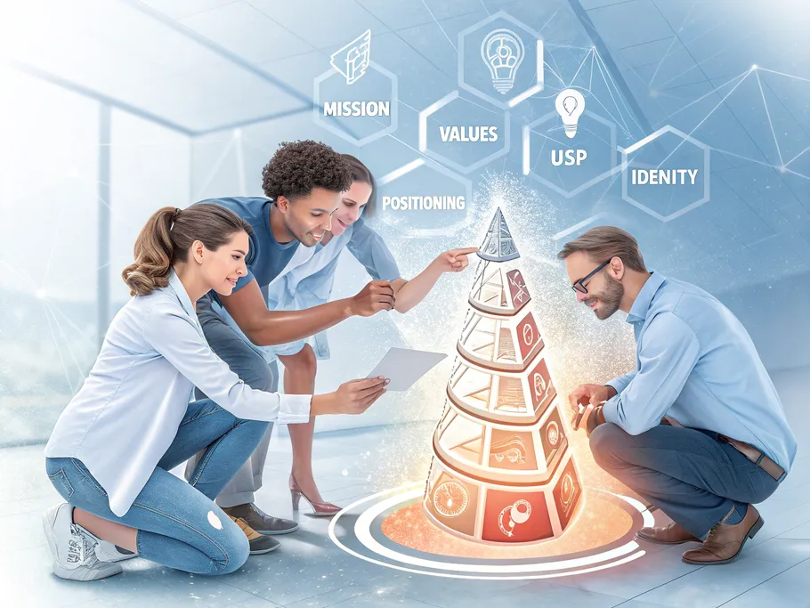 Diverse group of startup founders collaborating around a glowing, multi-layered brand structure representing brand identity and positioning.