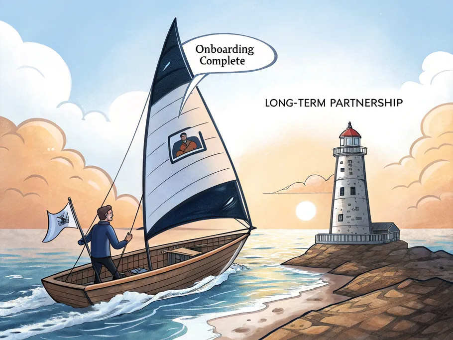 A modern sailboat symbolizing the client onboarding process gliding on calm waters towards a lighthouse representing long-term partnership.