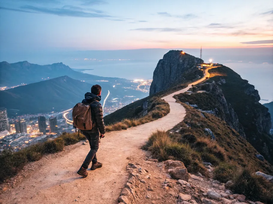 A lone entrepreneur at a mountain peak crossroads, contemplating paths toward a corporate city and rugged terrain.