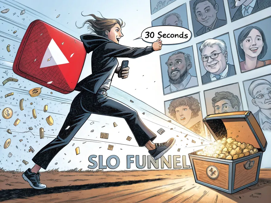 A dynamic comic book-style illustration of a person breaking through a YouTube play button, symbolizing success in digital marketing.