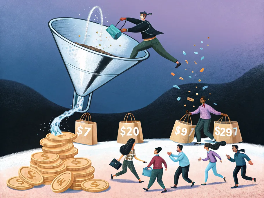 A chrome funnel attracting customers with shopping bags and credit cards, transforming them into glowing figures.