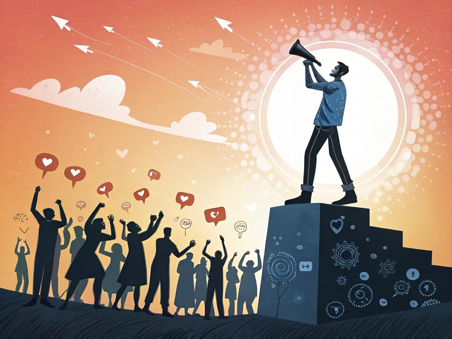 Illustration of a confident figure on a podium, surrounded by smaller silhouettes, representing engagement and communication in social media.