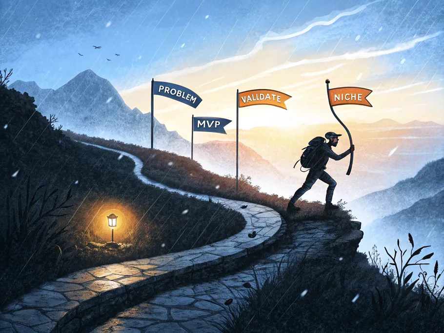 A silhouetted founder walking a winding path with signposts labeled 'Problem', 'Validate', 'Niche', and 'MVP' in a rugged landscape at dawn.