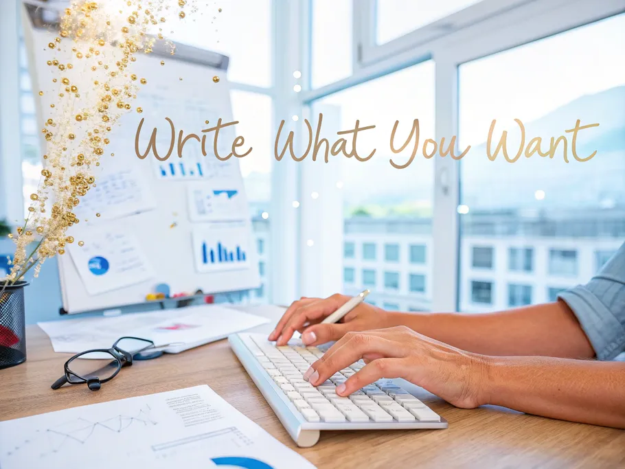 A founder's hands typing on a clean, white keyboard in a bright workspace, with holographic text 'Write What You Want'.
